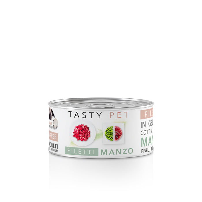 Tasty Pet Confezione di Alimento Completo Umido per Cani - 2203 Filetti in gelatina Manzo Piselli e Melagrana