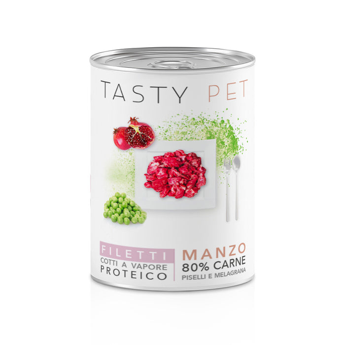 Tasty Pet Confezione di Alimento Completo Umido per Cani - 2203 Filetti in gelatina Manzo Piselli e Melagrana