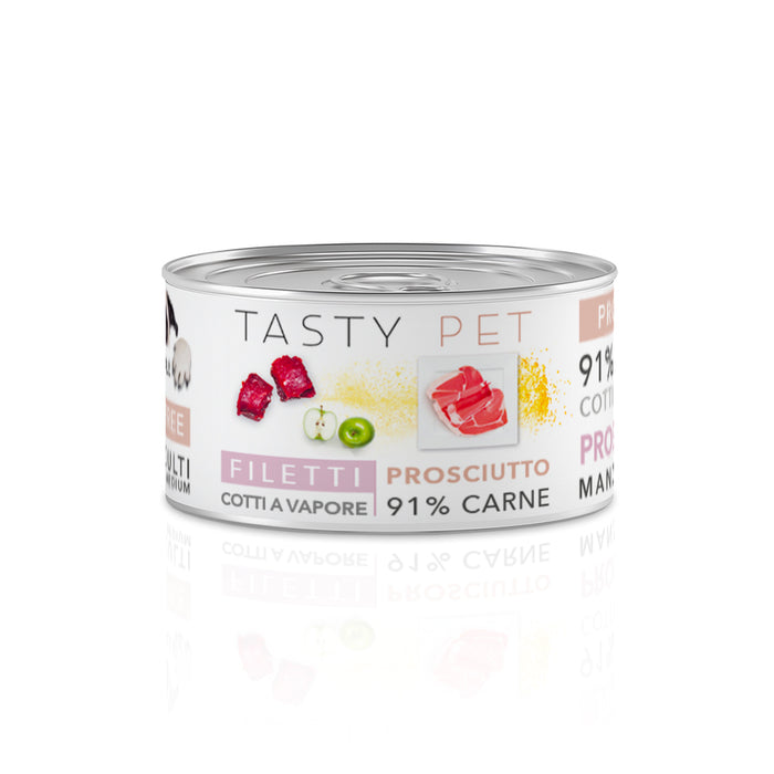 Tasty Pet Confezione di Alimento Completo Umido per Cani - 2204 Filetti in Gelatina Prosciutto Manzo e Mela