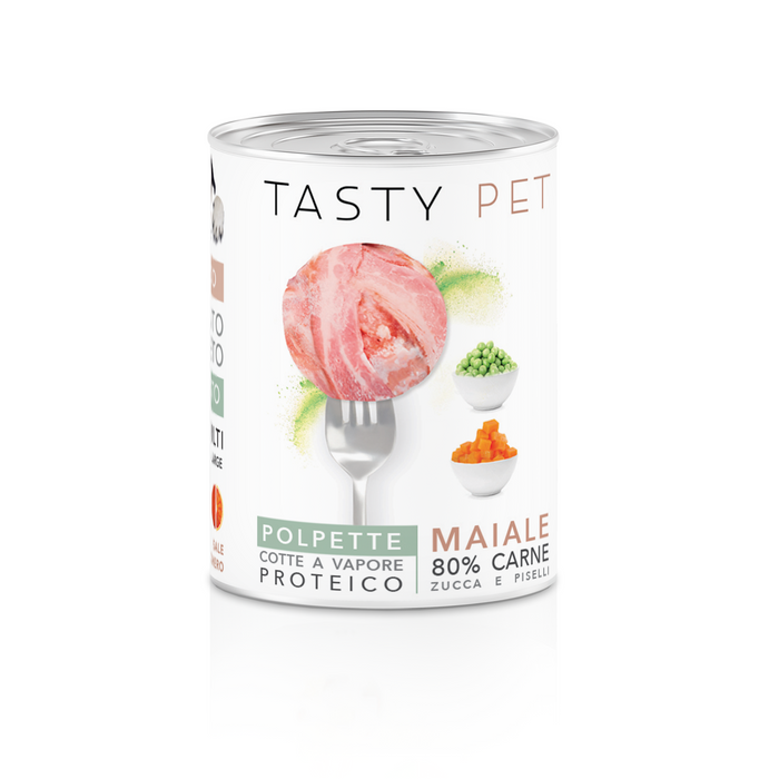 Tasty Pet Confezione di Alimento Completo Umido per Cani - 2601 POLPETTE AL SUGO MAIALE ZUCCA E PISELLI