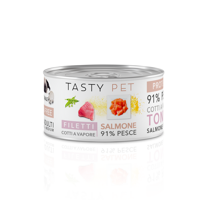 Tasty Pet Confezione di Alimento Completo Umido per Cani - 2201 Filetti in Gelatina Tonno, salmone e piselli