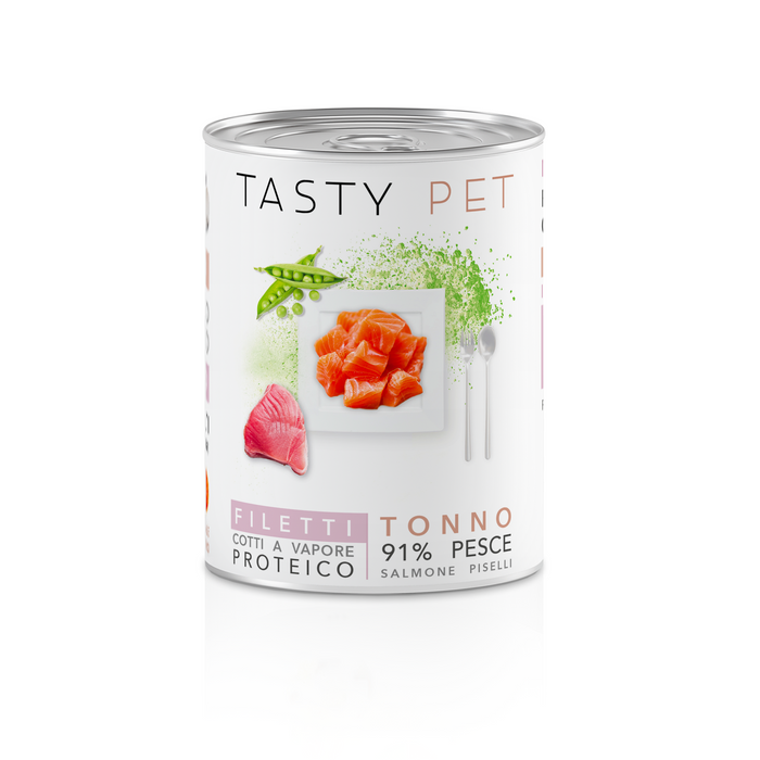 Tasty Pet Confezione di Alimento Completo Umido per Cani - 2201 Filetti in Gelatina Tonno, salmone e piselli