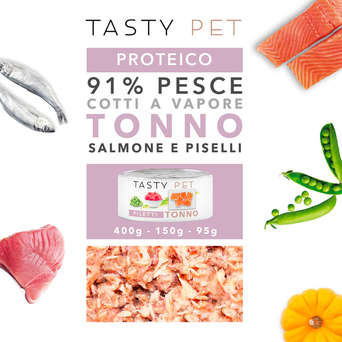 Tasty Pet Confezione di Alimento Completo Umido per Cani - 2201 Filetti in Gelatina Tonno, salmone e piselli