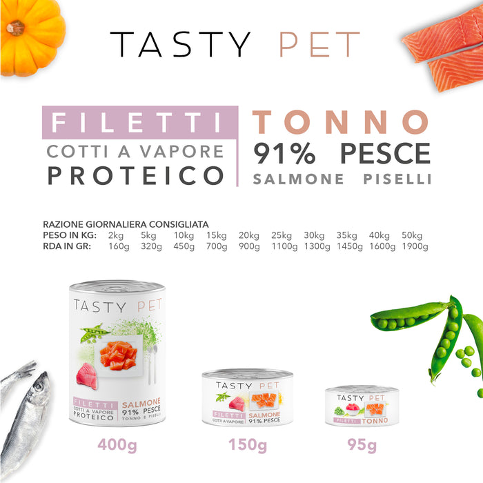 Tasty Pet Confezione di Alimento Completo Umido per Cani - 2201 Filetti in Gelatina Tonno, salmone e piselli